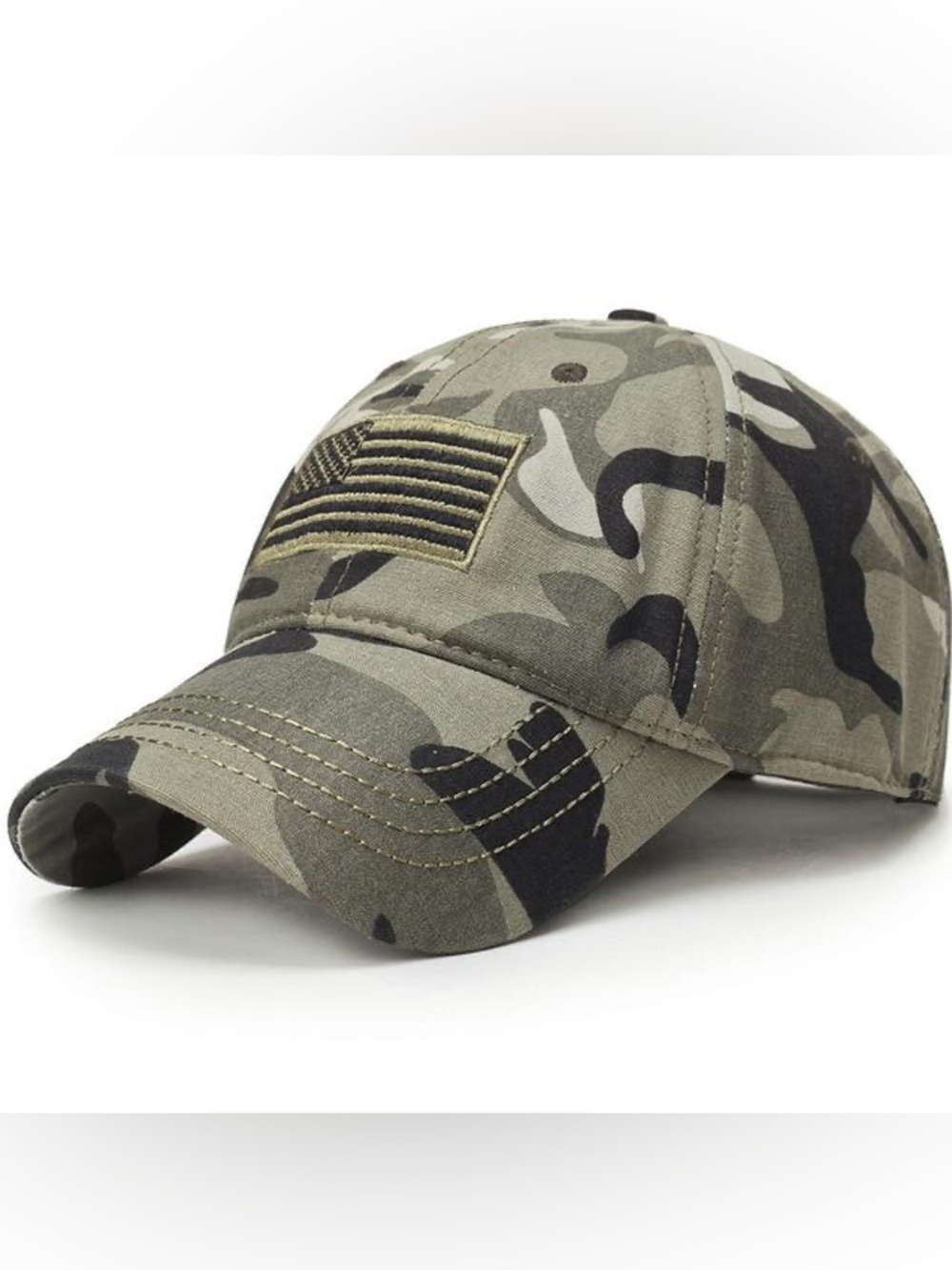 Men's Camouflage Baseball Cap with Flag Patch - Olive Camo